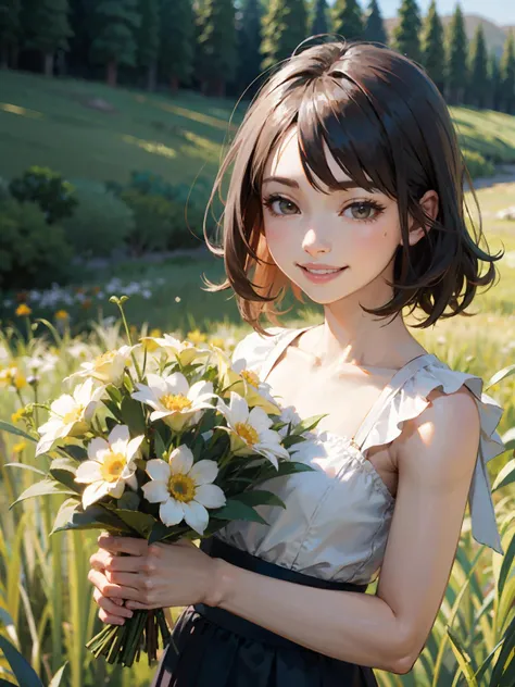 male focus, highres, meadow, colorful flower, 
BREAK, 1girl, solo, holding bouquet, smile, grin,