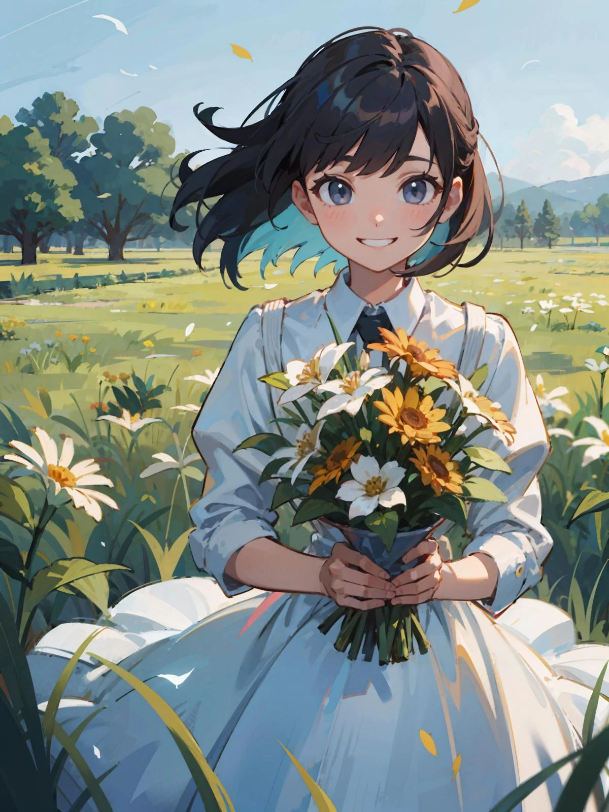 male focus, highres, meadow, colorful flower,
BREAK, 1girl, solo, holding bouquet, smile, grin,