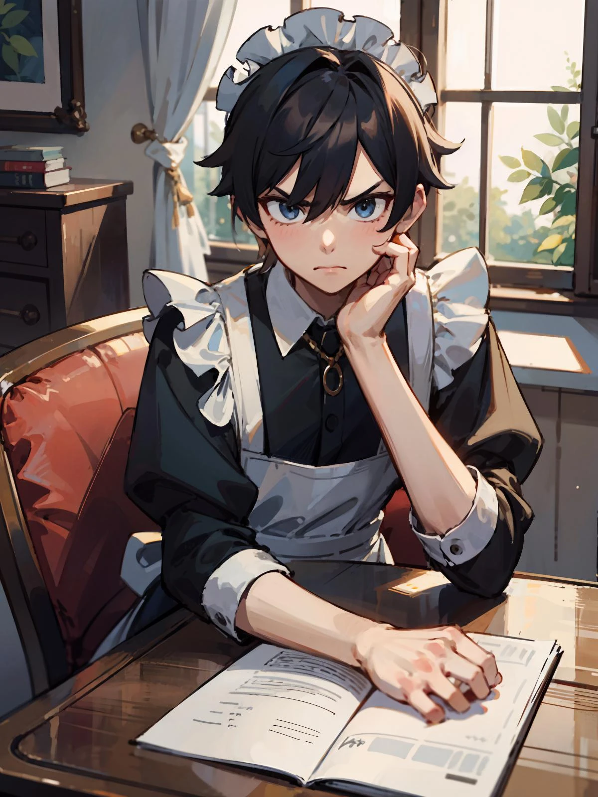 male focus, highres, indoors,
BREAK, 1boy, solo, crossdressing, maid, maid waist apron, maid headdress, frills, angry, sitting, hand on own cheek, table,