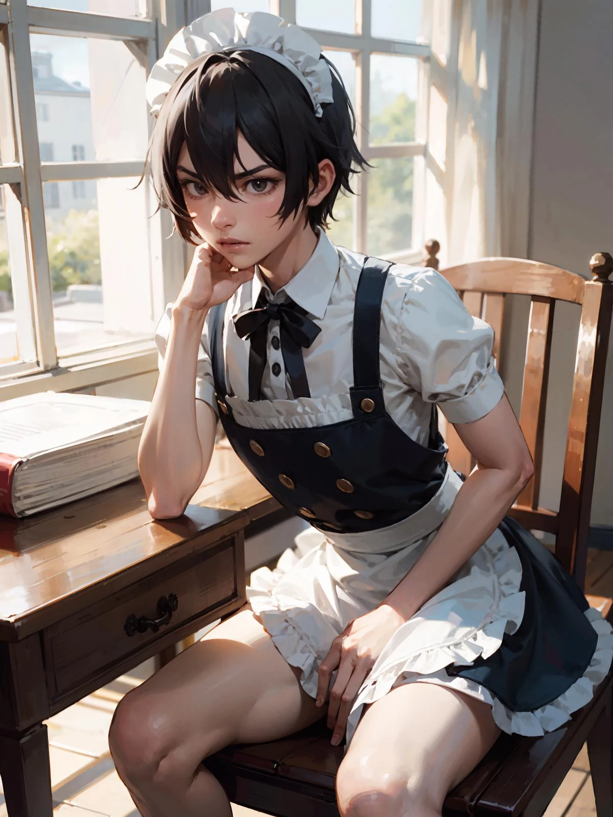 male focus, highres, indoors,
BREAK, 1boy, solo, crossdressing, maid, maid waist apron, maid headdress, frills, angry, sitting, hand on own cheek, table,