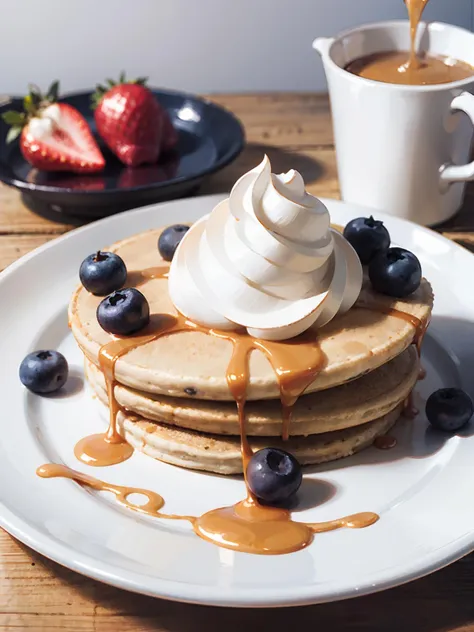 no humans, plate, pancake, honey, whipped cream, strawberry, blueberry,