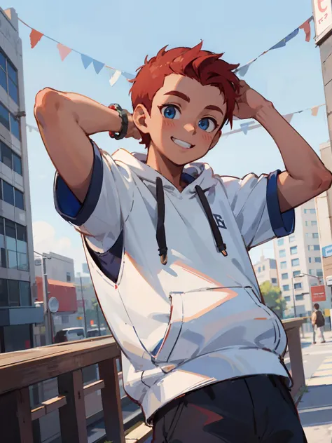 male focus, highres, illustration, outdoors, 
BREAK, 1boy, solo, cute, babyface, dark-skinned male, dark skin, red hair, buzz cut, forehead, blue eyes, hoodie, arms behind head, smile,