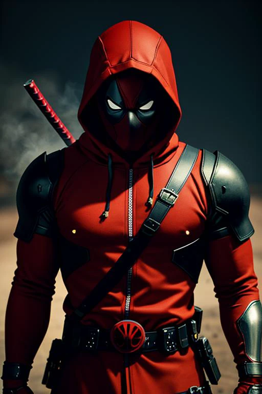 mdjrny-v4 style Professional Photoshot dramatic view medium shot full portrait of a Deadpool with samurai design clad in rusted iron armor, high detailed green glowing eyes + high detailed face + high detailed skeletal bodyparts + high detailed hoodie robe with Traditional japanese bushido style + proportional body shape, Cinematic barren desert with volumetric darkness smoke effects background + volumetric dust particles effect + detailed particles, full hd render + 3d octane render +4k UHD + immense detail + dramatic lighting + well lit + + fine details + octane render + Ray tracing + 8k