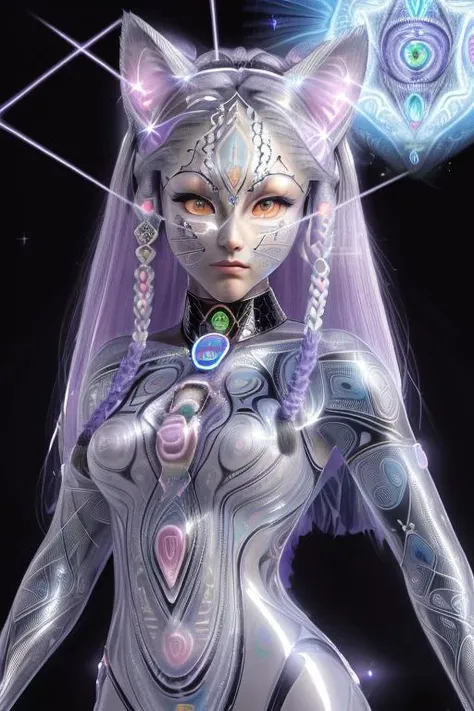 (night sky with stars and planet), (advanced civilization), beautiful womans face, (Egyptian statue), metallic, smooth, (black obsidian:1.4), electrical, glowing lights, sacred geometry, (perfect geometry:1.4), power,  [(colorful explosion psychedelic paint colors:1.2)::0.2], (glowing egyptian hieroglyphs:1.3), (highly intricate detailed face:1.4), (photorealistic:1.3), (3d cgi rendering:0.5), (external light source:1.3), (advanced complex shading:1.3), (feline like eyes:1.2), (cat like eyes:1.2), (cat like female face:1.3), (complex sacred geometric patterns:1.3), (alex grey:1.8), high energy glowing,, <lora:Hipoly3DModel_v1:0.5>, hiqcgbody