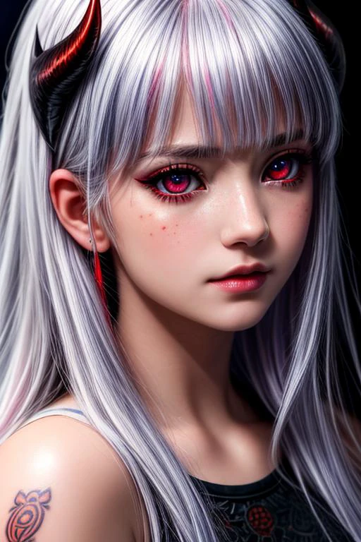 anime artwork Movie, ((Face close up)), best quality, clear graphics, torch light, (The detail is clear to every hair on the face), demonic, evil, nsfw, sexy woman, eye depth, (brother moons), (dead space) ,science fiction, (beautiful glowing red eyes), photo realistic, 20 megapixel, nikon d850, ((vibrant, photo realistic, realistic, dramatic, sharp focus, 8k)), (faded freckles:0.6), subsurface scattering, sharp, retouched, intricate detail, 1girl, long hair, facial mark, crop top, horns, tattoo, bangs, multicolored hair, white hair, red hair, <lora:lora_perfecteyes_v1_from_v1_160:1>, perfecteyes eyes, <lora:more_details:1.0> . anime style, key visual, vibrant, studio anime, highly detailed