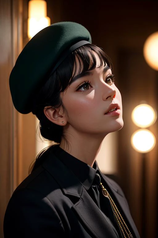 low angle of stunning 25 year old woman wearing a beret and mohair jacket in 1969 Paris, looking away from camera, portrait taken by David Lazar, portrait by Joel Santos, Portrait by Steve McCurry, ultra high detail, photography, taken on a Sigma 35mm F1.4 ART DG HSM Lens for Canon DSLRs, Scan Lines,Ray Traced, Ray Tracing Ambient Occlusion, Anti-Aliasing, FXAA, TXAA, RTX, SSAO, Shaders, OpenGL-Shaders, GLSL-Shaders, Post Processing, Post-Production, Cel Shading, Tone Mapping, CGI, VFX, SFX, insanely detailed and intricate, hypermaximalist, elegant, ornate, hyper realistic, super detailed