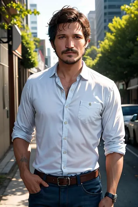 portrait photo of an unshaven Pedro Pascal from The Last of Us, in a unbuttoned white summer shirt, outside light, shot on Hasselblad H4D 200MS Digital Camera, Mitakon Speedmaster 85mm f/1. 4 XCD