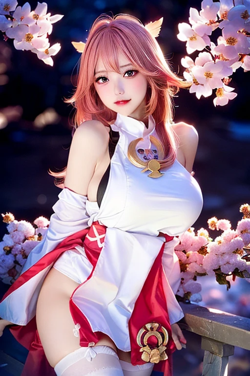 1 girl, ultra high res, (realistic, photo-realistic:1.48),omertosa,1girl,(Kpop idol), (aegyo sal:1),cute, bokeh, night, professional lighting, detailed lighting, photon mapping, radiosity, physically-based rendering,White pantyhosebloom, backlighting, depth of field, hard focus, film grain, one meter shooting distance, professional photoshoot, photographed with a Sony a9 II Mirrorless Camera, detailed eyes,<lora:japaneseDollLikeness_v10:0.4>,<lora:koreanDollLikeness_v15:0.6>,detailed eyes, realistic eyes, detailed shadow, looking at viewer, dog ears, detailed lighting,(detailed hair, realistic hair, realistic lighting, realistic shadow, realistic outfit), realistic skin, (gun on waist:1), realistic reflection of light from above,((arms behind back)),(hands behind),tube top,sexy,night,stockings,naked,big boobs,big breast,<lora:yaeMikoRealistic_yaemikoMixed:0.9>,cherry blossoms, white skirt, white dress,full body,japanese shrine,pink filter