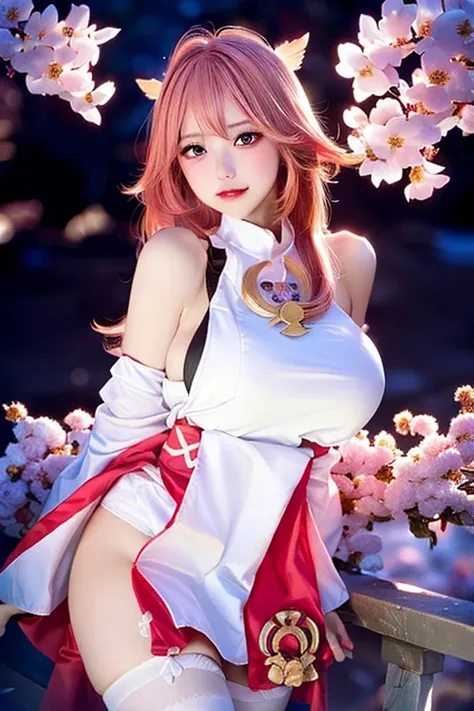 1 girl, ultra high res, (realistic, photo-realistic:1.48),omertosa,1girl,(Kpop idol), (aegyo sal:1),cute, bokeh, night, professional lighting, detailed lighting, photon mapping, radiosity, physically-based rendering,White pantyhosebloom, backlighting, depth of field, hard focus, film grain, one meter shooting distance, professional photoshoot, photographed with a Sony a9 II Mirrorless Camera, detailed eyes,<lora:japaneseDollLikeness_v10:0.4>,<lora:koreanDollLikeness_v15:0.6>,detailed eyes, realistic eyes, detailed shadow, looking at viewer, dog ears, detailed lighting,(detailed hair, realistic hair, realistic lighting, realistic shadow, realistic outfit), realistic skin, (gun on waist:1), realistic reflection of light from above,((arms behind back)),(hands behind),tube top,sexy,night,stockings,naked,big boobs,big breast,<lora:yaeMikoRealistic_yaemikoMixed:0.9>,cherry blossoms, white skirt, white dress,full body,japanese shrine,pink filter