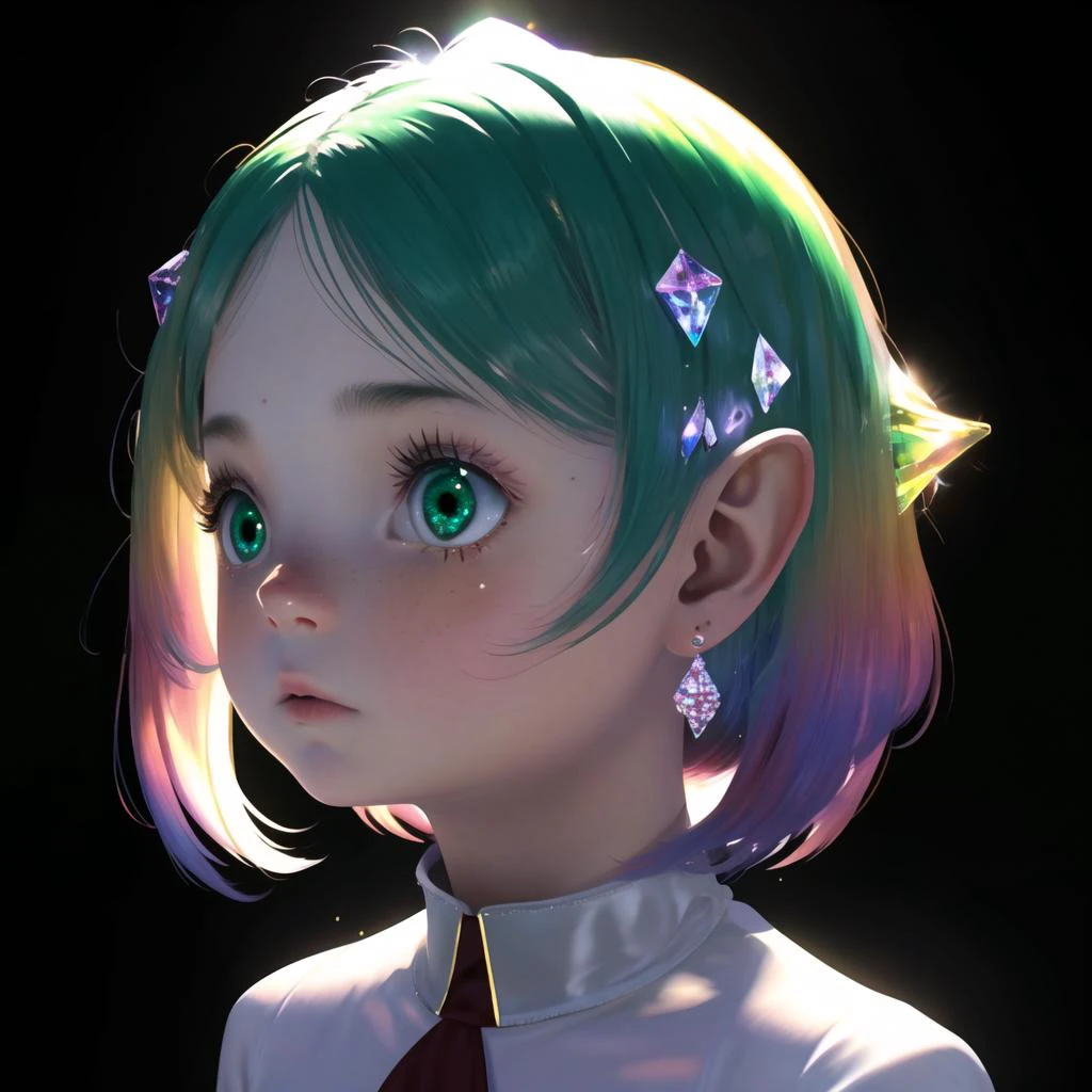 1girl, solo, masterpiece, (best quality), ultra-detailed:1.3, absurdress, 3d, beautiful ilumination, colorful skin:1.1, girl,
colorful, (lalafell), crystal rainbow hair, long hair, puffy round cheeks, Green eyes, cute, idol, dance on stage, halo, ray tracing, light notes, magic,
<lora:lalafellFFXIV_v10:0.75>
<lora:Body_GlassHair_V1:0.75>