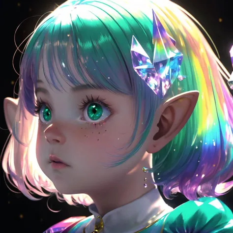 1girl, solo, masterpiece, (best quality), ultra-detailed:1.3, absurdress, 3d, beautiful ilumination, colorful skin:1.1, girl,
colorful, (lalafell), crystal rainbow hair, long hair, puffy round cheeks, Green eyes, cute, idol, dance on stage, halo, ray tracing, light notes, magic,
<lora:lalafellFFXIV_v10:0.75>
<lora:Body_GlassHair_V1:0.75>