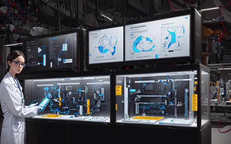 A photorealistic portrait of a ((determined|resilient|innovative)) ((scientist|researcher|inventor)) working on a transparent data visualization infographic, with a high-resolution OLED GUI interface display and annotations. The image is framed within a display case, showcasing the intricate technical drawing of a groundbreaking invention.