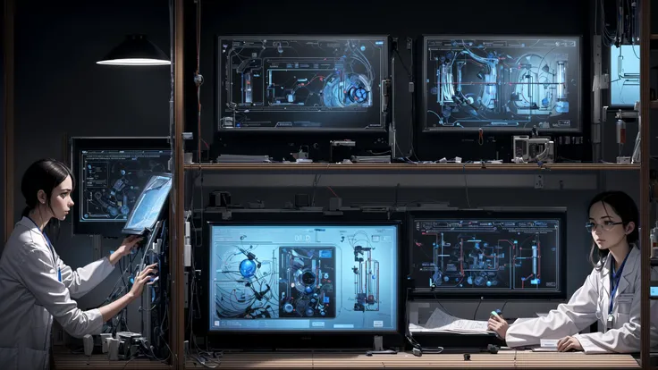 A photorealistic portrait of a ((determined|resilient|innovative)) ((scientist|researcher|inventor)) working on a transparent data visualization infographic, with a high-resolution OLED GUI interface display and annotations. The image is framed within a display case, showcasing the intricate technical drawing of a groundbreaking invention.