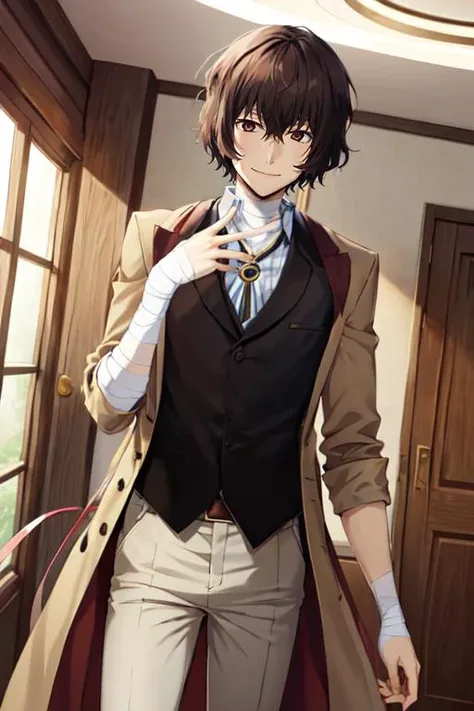 dazai, male focus, 1boy, brown hair, brown eyes, bandages, hair between eyes, shirt, pants, coat, short hair, vest, bandaged arm, smile, <lora:Dazai:0.85>