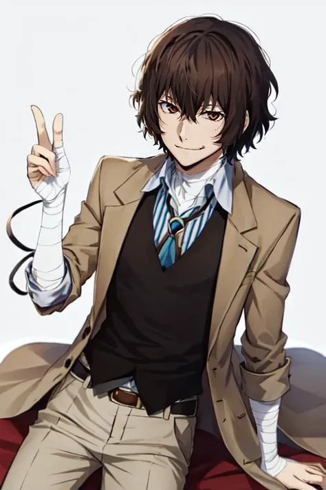 dazai, male focus, 1boy, brown hair, brown eyes, bandages, hair between eyes, shirt, pants, coat, short hair, vest, bandaged arm, smirk, <lora:Dazai:0.85>