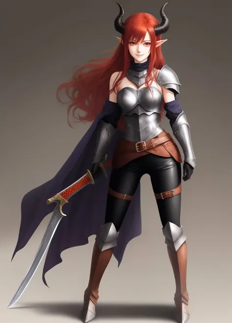 <lora:Alize:1.0>, Alize, 1girl, armor, armored boots, bare shoulders, belt, bike shorts, black background, blush stickers, bodysuit, boots, breastplate, breasts, closed mouth, demon girl, demon horns, elbow gloves, full body, gauntlets, gloves, greaves, hair between eyes, hand up, horns, knee boots, long hair, looking at viewer, medium breasts, orange eyes, pointy ears, red hair, sheath, simple background, smile, solo, standing, sword, weapon