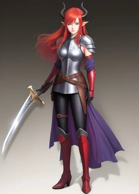 <lora:Alize:1.0>, Alize, 1girl, armor, armored boots, bare shoulders, belt, bike shorts, black background, blush stickers, bodysuit, boots, breastplate, breasts, closed mouth, demon girl, demon horns, elbow gloves, full body, gauntlets, gloves, greaves, hair between eyes, hand up, horns, knee boots, long hair, looking at viewer, medium breasts, orange eyes, pointy ears, red hair, sheath, simple background, smile, solo, standing, sword, weapon