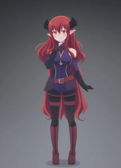 <lora:Alize-000004:1.0>, Alize, 1girl, armor, armored boots, bare shoulders, belt, bike shorts, black background, blush stickers, bodysuit, boots, breastplate, breasts, closed mouth, demon girl, demon horns, elbow gloves, full body, gauntlets, gloves, greaves, hair between eyes, hand up, horns, knee boots, long hair, looking at viewer, medium breasts, orange eyes, pointy ears, red hair, sheath, simple background, smile, solo, standing,