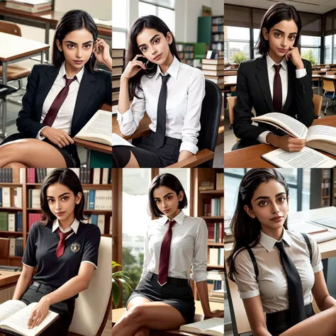 banitasandhu studying at the library, indoors, black uniform, open book, studying, sitting, desk, necktie, school crest, smiling, (best quality), (masterpiece)