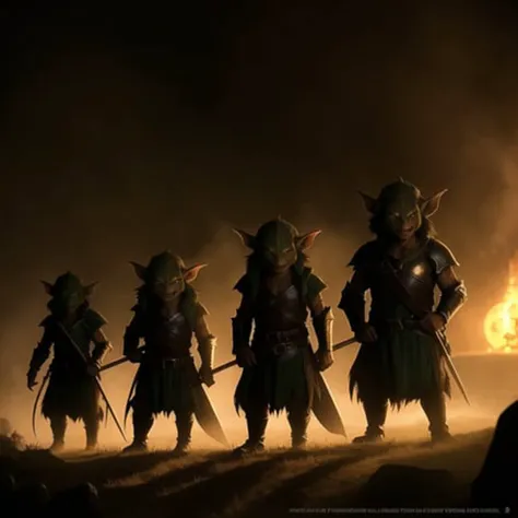 Fantasy image of group of goblins, horror, full view, fantasy style, illustration, uhd, 8k, raytracing,