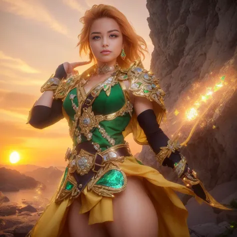 masterpiece, epic, majestic, best quality, very high resolution, 8k, hdr, digital photography, dynamic pose, Front Shot, head to toes, looking at camera with a wan expression, foxy female Cocos Islander magus, decisive, affirmed, independant, powerful, intrepid, long muscles, (Green-yellow (Crayola):1.1) and metallic alloy extremely bejeweled armor, heroic, armed, closed fist hand, (buzz cut mousy hair:1.1), walking, clear and beautiful inside city hall background, (jewelled weapon at belt:1.2), iridescent, transparent, translucid, reflection, refraction, diffraction, caustics, volumetric lights, volumetric shadows, (extremely detailed and delicate:1.2), (extremely fine and beautiful:1.2), partially backlit, (sunset lighting and nearby lighting from out of frame:1.3), (realistic lighting:1.2), (dynamic colors from lighting:1.2), (intricate details:1.3), hyperdetailed, ultrarealistic, (sharp focus:1.2), (SFW:1.2)