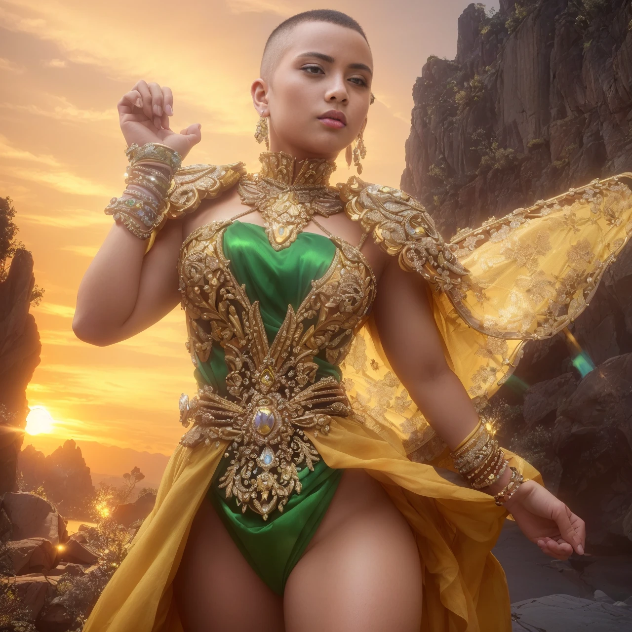 masterpiece, epic, majestic, best quality, very high resolution, 8k, hdr, digital photography, dynamic pose, Front Shot, head to toes, looking at camera with a wan expression, foxy female Cocos Islander magus, decisive, affirmed, independant, powerful, intrepid, long muscles, (Green-yellow (Crayola):1.1) and metallic alloy extremely bejeweled armor, heroic, armed, closed fist hand, (buzz cut mousy hair:1.1), walking, clear and beautiful inside city hall background, (jewelled weapon at belt:1.2), iridescent, transparent, translucid, reflection, refraction, diffraction, caustics, volumetric lights, volumetric shadows, (extremely detailed and delicate:1.2), (extremely fine and beautiful:1.2), partially backlit, (sunset lighting and nearby lighting from out of frame:1.3), (realistic lighting:1.2), (dynamic colors from lighting:1.2), (intricate details:1.3), hyperdetailed, ultrarealistic, (sharp focus:1.2)