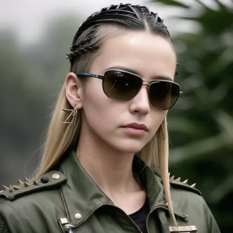 portrait of (emaciated:1.3) female jungle commando, (blonde:1.1), (sideshaved:1.35), black, (earrings, spikes, helmet, zippers sunglasses:1.2), (wet:1.2), (military gear:1.3) dark, gritty, gloomy, militaristic, (looking_at_viewer:1.3), solo, rainy, bokeh, dramatic lightning, (jungle background:1.2), abs, highly detailed, masterpiece, best quality, 8k, (oily skin, cell-shaded:1.3), colored lineart, (art by Maciej kuciara:1.15), art by Greg Rutkowski