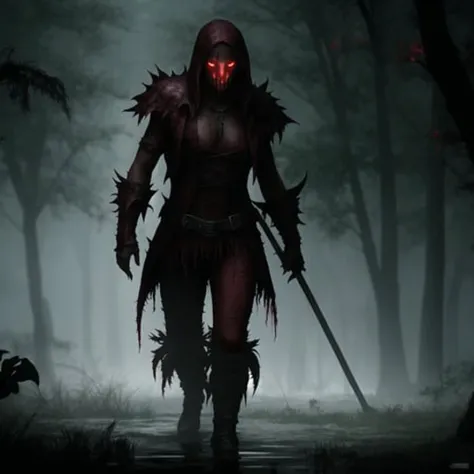 Fantasy image of flesh eating ghoul in swamp, red miasma,horror, full body view, fantasy style, illustration, uhd, 8k, raytracing,