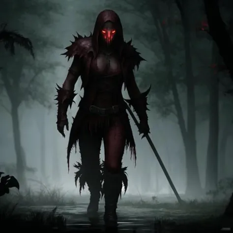 Fantasy image of flesh eating ghoul in swamp, red miasma,horror, full body view, fantasy style, illustration, uhd, 8k, raytracing,