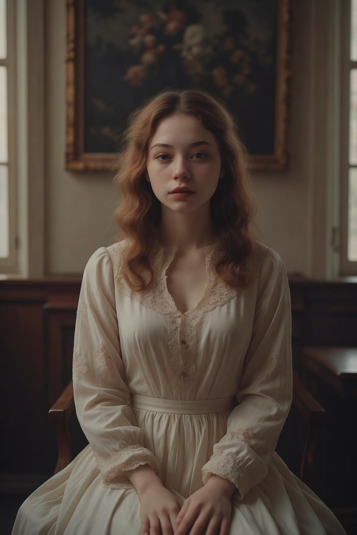 A woman in a white dress sitting on a chair in a room - SeaArt AI