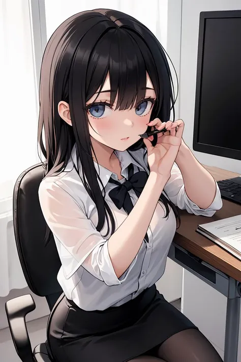 (masterpiece, best quality), a young black haired girl office secretary dressed in a transparent white blouse and black office skirt and black pantyhose ,sitting in an office chair, holding pencil, (detailed skin:1.3),(detailed eyes), (sharp focus),