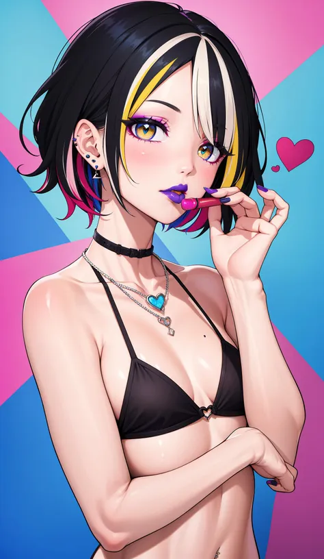 masterpiece, best quality, solo,  1gyaru,  tan,  yellow eyes, blue eyes,   (black hair:1.2), (blonde hair), (streaked hair:1.4), short hair,  (pink) eye Shadow,  ((blue lipstick)), black necklace,  (heart earrings), (put on lipstick:1.3), black bikini,   medium chest,  purple nail polish, 
 (rinbow  background),