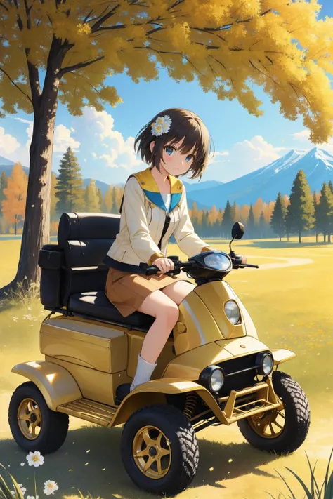 1girl, [ (stylized by Isaac Levitan:1.1) | (Charles Filiger:1.2) ], realism art, professional fauvist interpretation of, desolate grass and trees, surreal, medium wide shot of a Shin Hanga Brilliant Swiss ([E-book readers:4 wheeled vehicle:3]:1.3) , it is smooth, it is in a Shadowrun setting, earthly, natural, flowers and plants, CineColor plants complex DayGlo green and Peach background, at Golden hour, Wide view, Realistic, Sci-Fi, 60s Art, spotlit, 50mm, Agfacolor, Cream flakes, Gold Leafing, most beautiful artwork in the world, 8K, beauty, science fiction