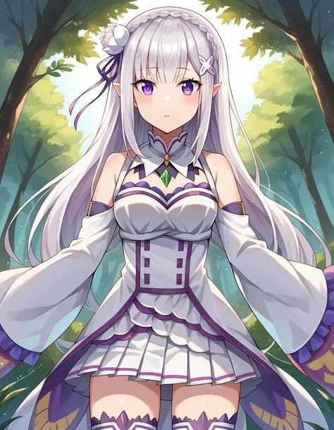 score_9, score_8_up, score_7_up, source_anime,
rezeroemilia, <lora:rezero-emilia-ponyxl-lora-nochekaiser:1>,
emilia, braid, crown braid, flower, hair flower, hair ornament, hair ribbon, long hair, pointy ears, purple eyes, white hair, x hair ornament,
detached collar, detached sleeves, frilled sleeves, frills, long sleeves, miniskirt, pleated skirt, ribbon, skirt, thighhighs, white skirt, white sleeves, white thighhighs, wide sleeves, zettai ryouiki,
outdoors, forest, nature, village,
looking at viewer, dutch angle, cowboy shot,