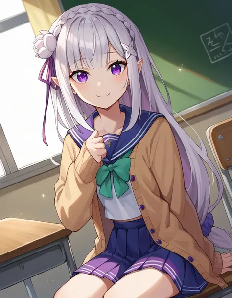 score_9, score_8_up, score_7_up, source_anime,
rezeroemilia, <lora:rezero-emilia-ponyxl-lora-nochekaiser:1>,
emilia, braid, crown braid, flower, hair flower, hair ornament, hair ribbon, long hair, pointy ears, purple eyes, white hair, x hair ornament, smile,
alternate costume, cardigan, open cardigan, open clothes, sailor collar, school uniform, scrunchie, serafuku, sleeves past elbows, wrist scrunchie,
indoors, classroom, desk, chair, sitting,
looking at viewer, dutch angle, cowboy shot,