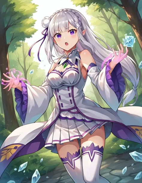 score_9, score_8_up, score_7_up, source_anime,
rezeroemilia, <lora:rezero-emilia-ponyxl-lora-nochekaiser:1>,
emilia, braid, crown braid, flower, hair flower, hair ornament, hair ribbon, long hair, pointy ears, purple eyes, white hair, x hair ornament,
detached collar, detached sleeves, frilled sleeves, frills, long sleeves, miniskirt, pleated skirt, ribbon, skirt, thighhighs, white skirt, white sleeves, white thighhighs, wide sleeves, zettai ryouiki,
outdoors, forest, nature, village, magic, fighting stance, ice, ice magic, open mouth,
looking at viewer, dutch angle, cowboy shot,