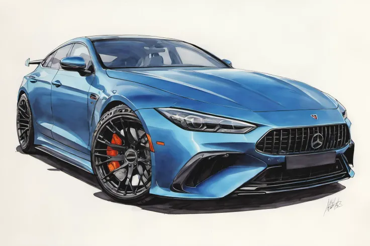 marker rendering of a car, concept art, sporty, fast, sleek, sexy, aggressive, high performance, colorful, marker, crisp lines, sketch, illustration, illustrative, marker drawing, expressive strokes, graphic, sharp, crisp, in-focus, uncropped, high-quality <lora:MercedesAGTGTCoupe:1>
