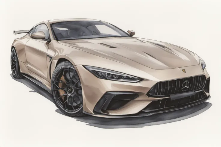 colored marker rendering of a sports car, concept art, sporty, fast, high performance, ((symmetric-design)), crisp lines, sketch, illustration, illustrative, marker drawing, expressive strokes, graphic, sharp, crisp, in-focus, uncropped, high-quality  <lora:MercedesAGTGTCoupe:1>