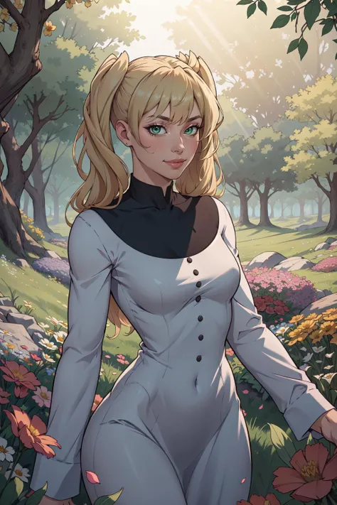 (masterpiece, best quality, absurdres, 4k, aesthetic, detailed, intricate),outside,dappled sunlight,field of flowers,1girl, mary macbeth, twintails,dress, long sleeves <lora:kekkaisensen_white:0.8>