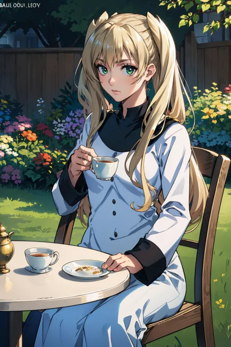 masterpiece, best quality, <lora:kekkaisensen_white-11:1> mary macbeth, twintails, dress, long sleeves, garden, sitting, table, chair, tea