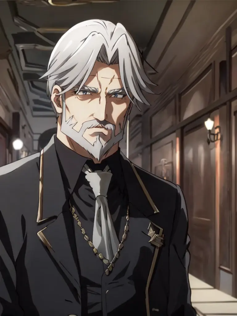 sebas <lora:sebas:0.7> 1boy 50yo old man, hair_slicked silverglay hair glaybeard glay mustache glay facial hair curtained hair, glay eyes, stocky muscular, tall person +++ black suit black collared shirt glay necktie white glove Aristocratic mansion red carpet, corridors Statue Vase of roses
