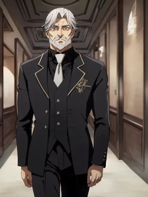 sebas <lora:sebas:0.7> 1boy 50yo old man, hair_slicked silverglay hair glaybeard glay mustache glay facial hair curtained hair, glay eyes, stocky muscular, tall person +++ black suit black collared shirt glay necktie white glove Aristocratic mansion red carpet, corridors Statue Vase of roses