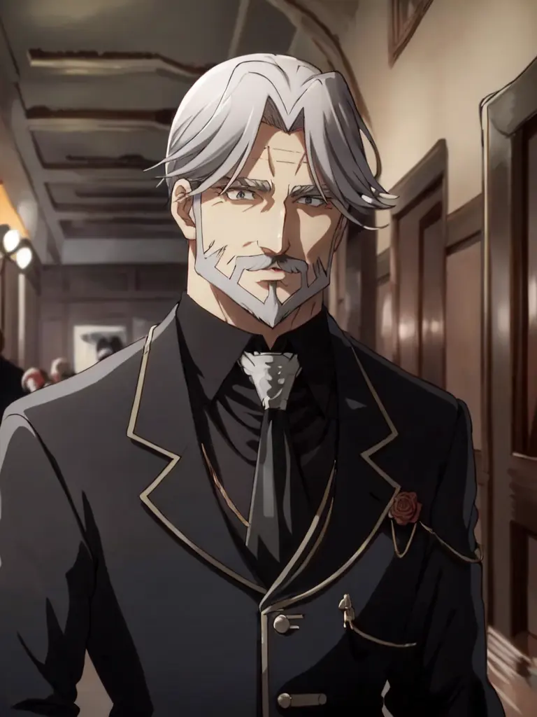 sebas <lora:sebas:0.7> 1boy 50yo old man, hair_slicked silverglay hair glaybeard glay mustache glay facial hair curtained hair, glay eyes, stocky muscular, tall person close mouth smile black tailcoat black collared shirt glay necktie white glove Aristocratic mansion red carpet, corridors Statue Vase of roses