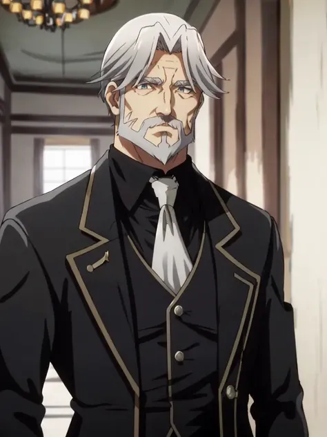 sebas <lora:sebas:0.7> 1boy 50yo old man, hair_slicked silverglay hair glaybeard glay mustache glay facial hair curtained hair, glay eyes, stocky muscular, tall person  black tailcoat black collared shirt glay necktie white glove Aristocratic mansion entrance chandelier Portrait of an old man