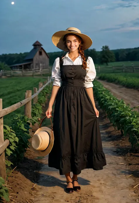 (medium full shot) of (modest Amish) young woman, arabian, tan skin, light brown eyes, curvy build, extra long red french twist hair, wearing a black ankle-length dress with plain patterns, leather shoes, plain straw hat, set in  a simple Amish farm, with wooden barns, plain fences, neat vegetable gardens, and simple farming tools, at night, woman smiling, ,Masterpiece,best quality, photo, realistic, very aesthetic, detailed face,