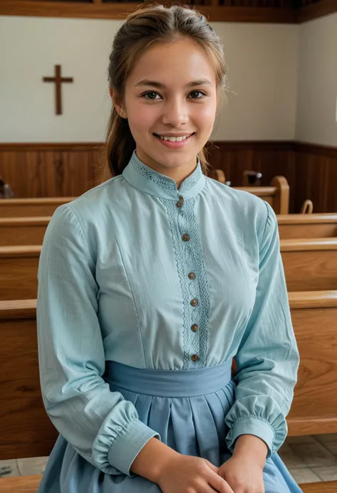(medium full shot) of (modest Amish) young woman, thai, tan skin, light brown eyes, Average build, long brown ponytail hair, wearing a pastel blue long-sleeved blouse, modest dress, plain boots, simple shawl, set in a modest church, with clean lines, minimalistic decor, wooden furnishings, and a tranquil feel , woman smiling, ,Masterpiece,best quality, photo, realistic, very aesthetic, detailed face,