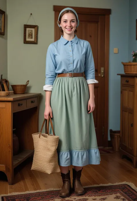 (medium full shot) of (modest Amish) young woman, british, pale skin, olive green eyes, curvy build, short dark layered cut hair, wearing a pastel blue plain shirt, modest dress, plain boots, carrying a handmade bag, set in a traditional house, featuring plain wooden furniture, simple decorations, neat rooms, and a cozy feel, at night, woman smiling, Masterpiece,best quality, photo, realistic, very aesthetic, detailed face,