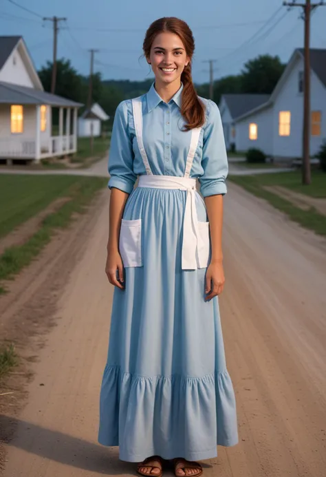 (medium full shot) of (classic Amish) young woman, mexican, mahogany skin, hazel eyes, slim build, extra long red shag cut hair, wearing a pastel blue plain shirt, ankle-length skirt, plain sandals, white apron, set in an Amish village, with plain wooden houses, dirt roads, small community spaces, and simple decor, at night, woman smiling, Masterpiece,best quality, photo, realistic, very aesthetic, detailed face,