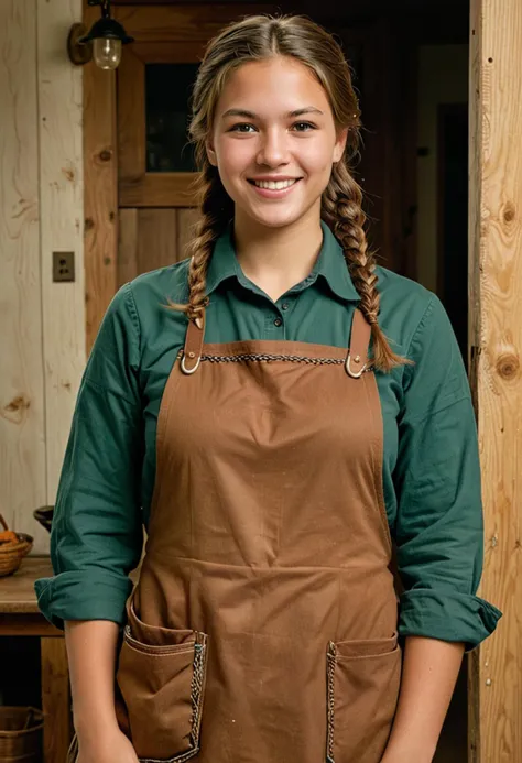 (medium full shot) of (humble Amish) young woman, native american, tan skin, light brown eyes, full-figured build, extra long hazel layered cut hair, wearing a dark green plain shirt, simple apron, plain boots, carrying a handmade bag, set in  a traditional house, featuring plain wooden furniture, simple decorations, neat rooms, and a cozy feel, woman smiling, ,Masterpiece,best quality, photo, realistic, very aesthetic, detailed face,