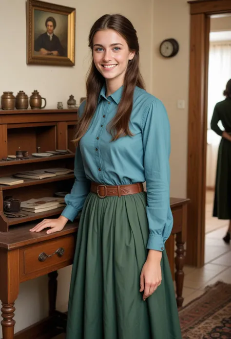 (medium full shot) of (simple Amish) young woman, italian, tan skin, light Blue eyes, Average build, long brown side-swept hair, wearing a dark green buttoned blouse, ankle-length skirt, leather shoes, simple shawl, set in a modest house, with minimalistic decor, functional furniture, clean interiors, and a warm ambiance, woman smiling, Masterpiece,best quality, photo, realistic, very aesthetic, detailed face,